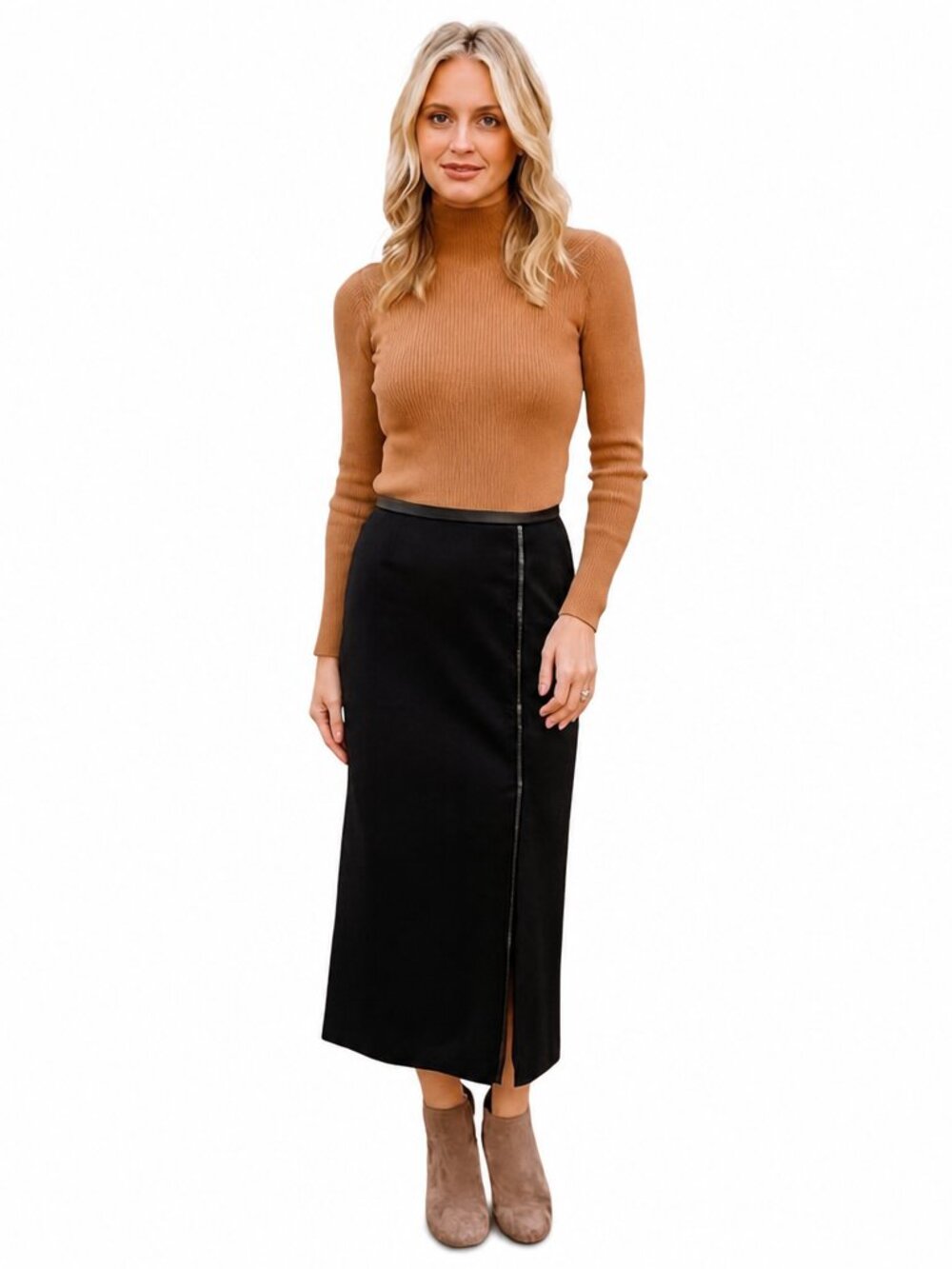City Girl by Nancy Bolen Black Midi Skirt Sz 10/Faux Leather Trim, Side Slit